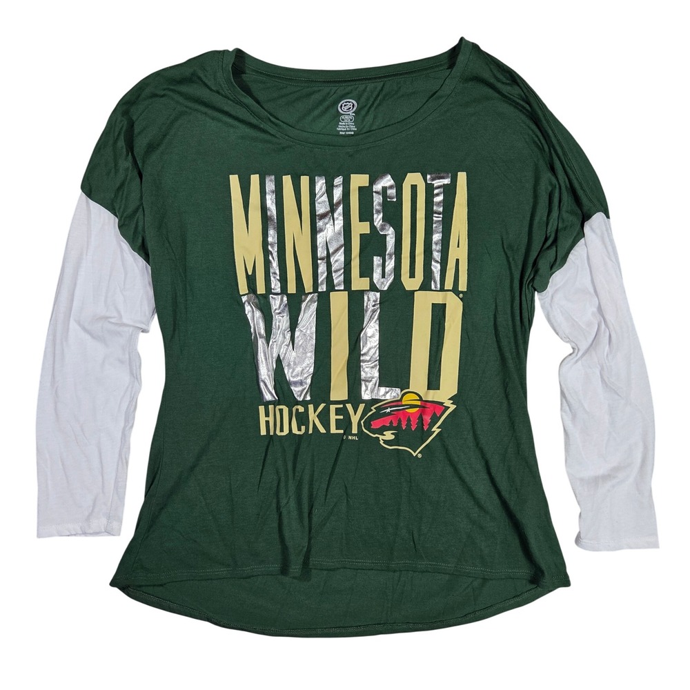NHL Minnesota Wild Hockey Womens XL Green Silver Foil Dolman Long Sleeve Shirt